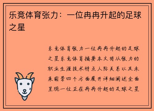 乐竞体育张力：一位冉冉升起的足球之星