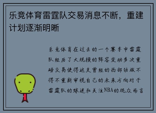 乐竞体育雷霆队交易消息不断，重建计划逐渐明晰