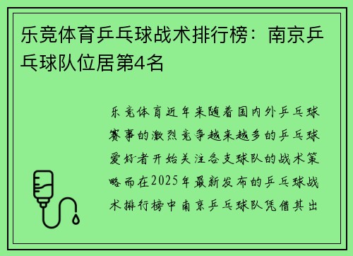 乐竞体育乒乓球战术排行榜：南京乒乓球队位居第4名