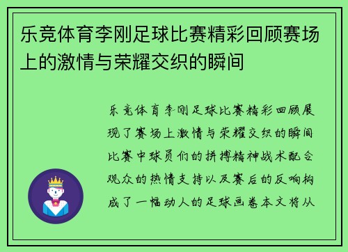 乐竞体育李刚足球比赛精彩回顾赛场上的激情与荣耀交织的瞬间